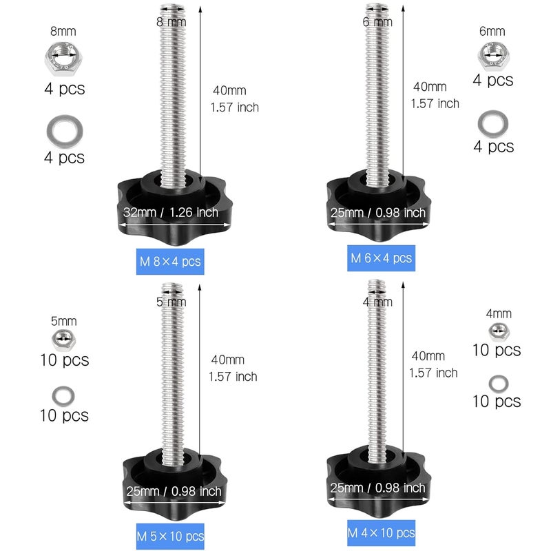 Openfly 28 Sets M4 M5 M6 M8 Star Hand Knob Tightening Screw, Thread Clamping Knob Quick Removal Replacement Parts with Nuts and Washers Stainless Steel Hex Nuts Star Knobs Assortment Kit - Image 2